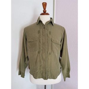 Silk Sun Shirt Long Sleeve Thin Button Down Dress Slim Green Casual Men's Size M